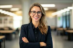 AI generated Portrait of confident Caucasian female teacher standing in classroom photo