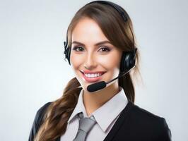 AI generated Half body photo of happy Caucasian call center worker with headphones standing with isolated white background