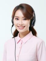 AI generated Beautiful smiling Korean call center worker with headphones standing with isolated white background photo