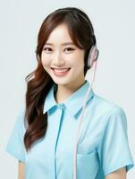 AI generated Happy Korean call center worker with headphones standing with isolated white background photo