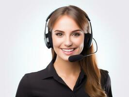 AI generated Half body photo of happy Caucasian call center worker with headphones standing with isolated white background