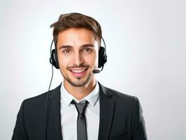 AI generated Half body photo of happy Caucasian call center worker with headphones standing with isolated white background