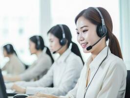 AI generated Happy Asian call center worker with headphones working in the office photo