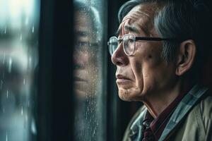 Senior asia man sad and depressed looking out of the window with raindrops on the glass window on a rainy day ,Generative AI. photo