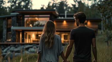 AI generated couple from behind looking at their dream house photo