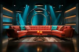 AI generated talkshow studio with lighting equipment and a couch photo