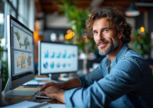 AI generated An analyst looking at monitor full with graphs and figures photo