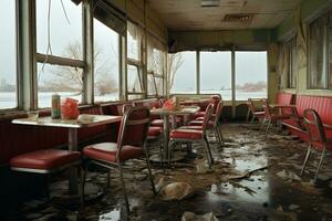ai generado abandonado cena o restaurantes debido a natural desastre foto