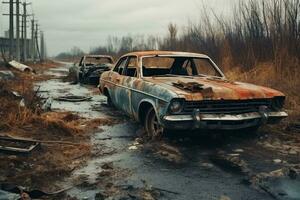 ai generado abandonado oxidado coche en el autopista natural desastre ai generado foto