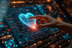 AI generated a hand pointing at a hologram display of a heart photo