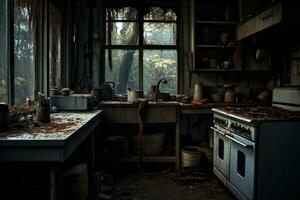 AI generated Abandoned old kitchen with shattered windows AI Generated photo