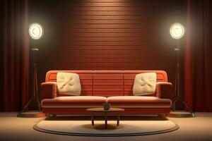 AI generated talkshow studio with lighting equipment and a couch photo