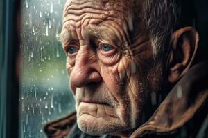 mayor hombre triste y Deprimido mirando fuera de el ventana con gotas de lluvia en el vaso ventana en un lluvioso día ,generativo ai. foto