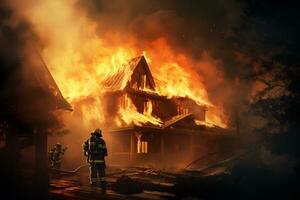 ai generado un casa quemado en un flameante fuego bomberos intentos a detener eso foto