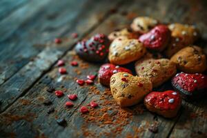 ai generado san valentin día concepto decoración con corazón conformado galletas, rosas y brilla foto