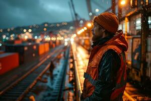 AI generated An engineer from behind at busy port full with ships and containers. photo