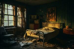 AI generated Abandoned old style bedroom with broken furniture photo