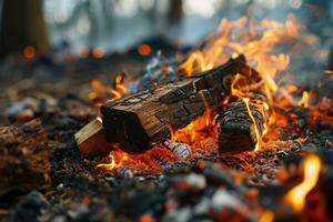 AI generated close up of burned woods with blurred forest background photo