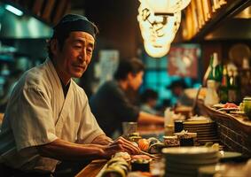 ai generado asiático cocinero preparando Sushi comida para su cliente foto