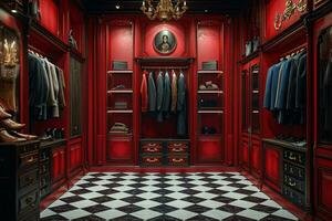 AI generated Interior design of a luxury wardrobe with suits and shoes photo