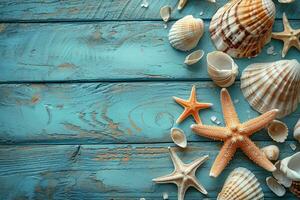 ai generado estrella de mar y conchas en un oxidado azul de madera antecedentes foto