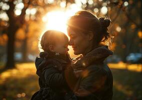 AI generated Mother holding her kid while observing nature sunrise photo