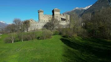 Aerial view of Fenis castle Valle d'Aosta Italy shot from bottom to top video