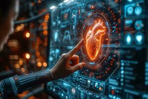 ai generado un mano señalando a un holograma monitor de un corazón foto
