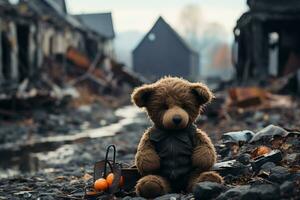 AI generated Brown Teddy Bear placed in front of a ruined houses due to war photo