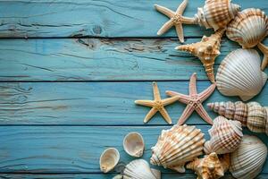 AI generated starfish and shells on a rusted blue wooden background photo