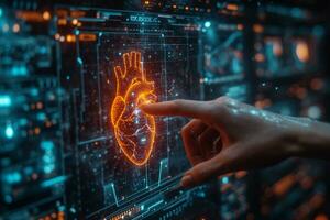 AI generated a hand pointing at a hologram display of a heart photo