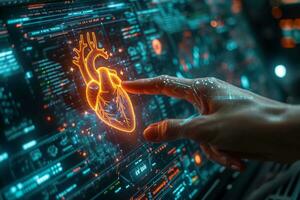 AI generated a hand pointing at a hologram display of a heart photo