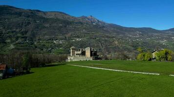 Aerial view of fenis castle Aosta Valley Italy frontal shot video
