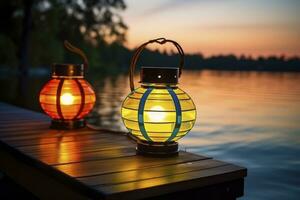 AI generated lanterns over the water during sunset. generative ai photo