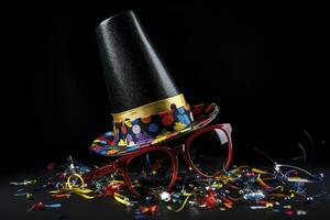 AI generated clown hat, glasses and confetti on a black square background. generative ai photo