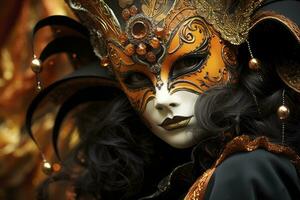 AI generated a woman in a mask and feathers at Venice. generative ai photo