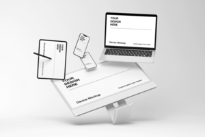Device mockup with minimalist background design and realistic scene psd