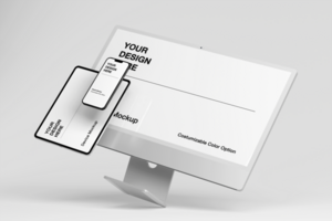 Customizable device mockup with minimal background and realistic scene psd