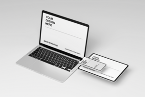 Device mockup set with minimalist background and realistic scene psd