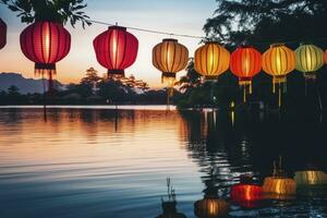AI generated lanterns over the water during sunset. generative ai photo