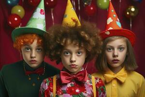 AI generated children dressed as clowns at a birthday party. generative ai photo