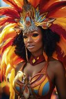 AI generated colorful carnival girl in feather costume. generative ai photo