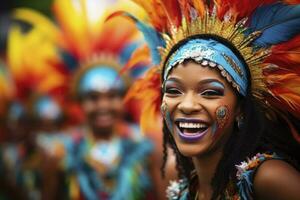 ai generado vistoso carnaval niña en pluma traje. generativo ai foto