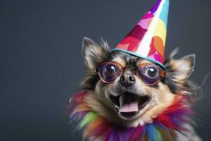 AI generated funny dog in a rainbow carnival party. generative ai photo