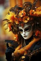 ai generado un mujer en un máscara y plumas a Venecia. generativo ai foto