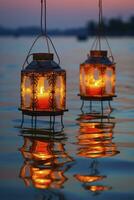 AI generated lanterns over the water during sunset. generative ai photo