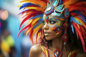 ai generado vistoso carnaval niña en pluma traje. generativo ai foto