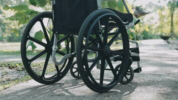 Empty wheelchairs for patients parked in the hospital. video