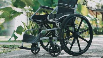 Empty wheelchairs for patients parked in the hospital. video