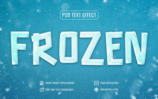 Realistic frozen ice text effect with snowfall background psd